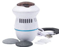 Beige and white electric foot file machine with grinding head, USB cable, two spare heads, brush, and sponge ring.