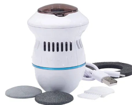 Beige and white electric foot file machine with grinding head, USB cable, two spare heads, brush, and sponge ring.