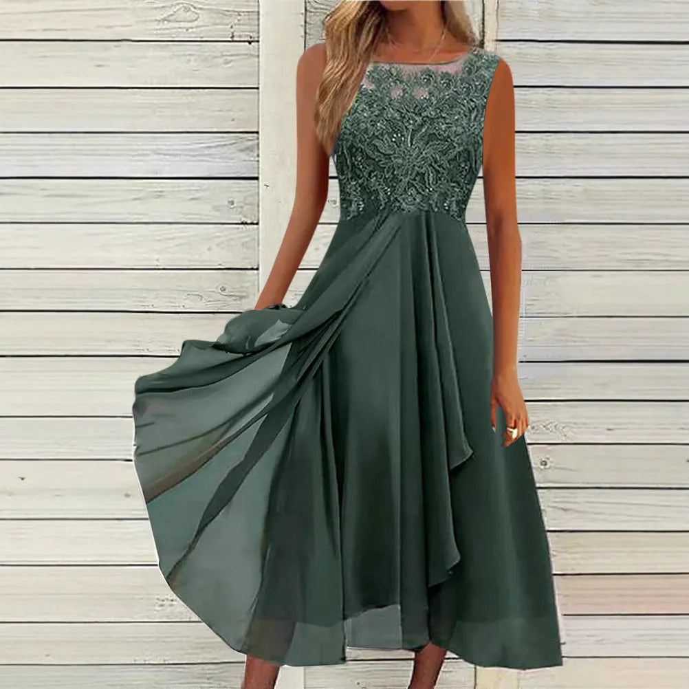 Women's sleeveless green chiffon dress with lace stitching and a mid-length skirt.
