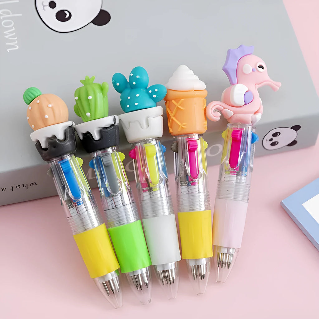 Cartoon character four colour press ballpoint pen with 0.7mm tip on a notepad.