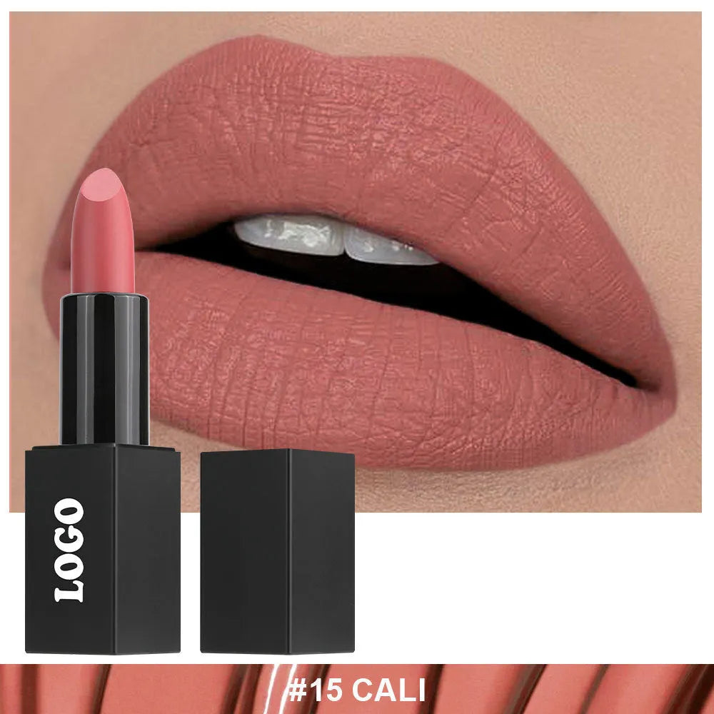 Matte finish lipstick bullet in a case, showcasing its velvety texture, with colour options 01 to 24.