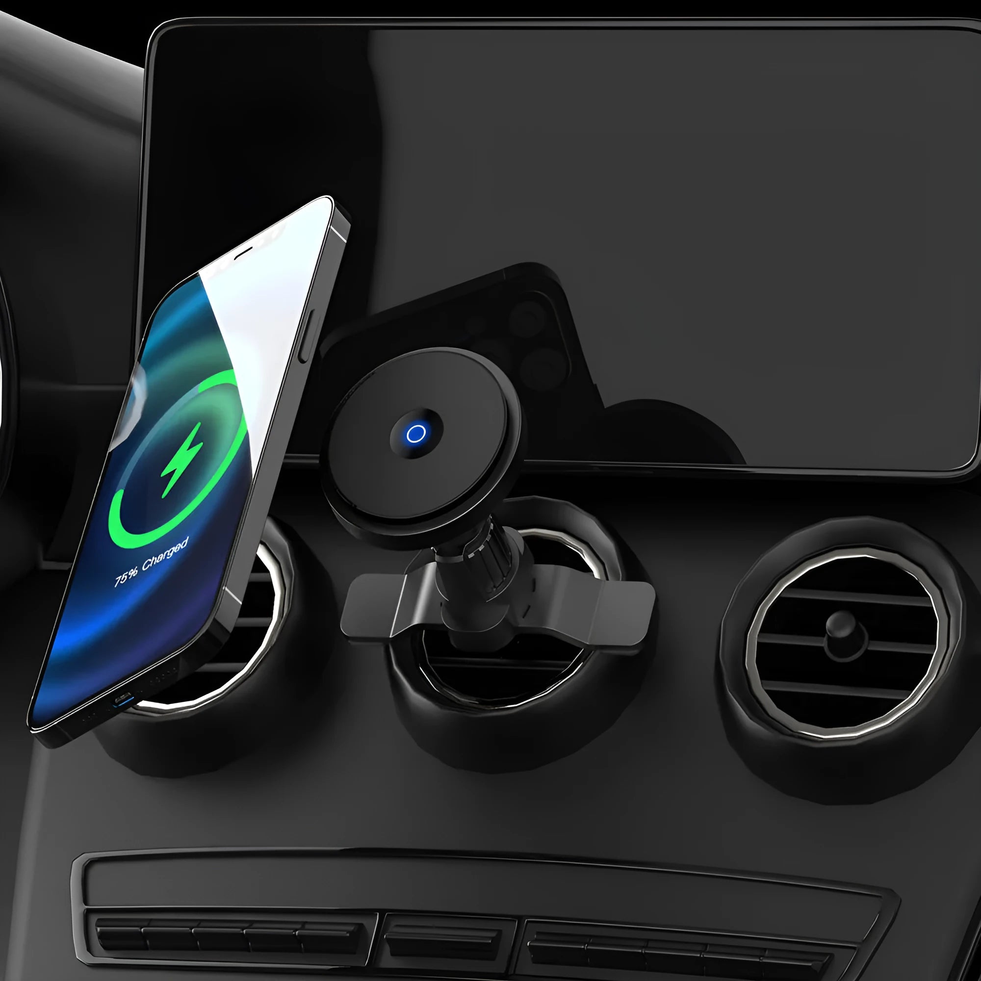 Silver magnetic car wireless charging bracket mounted on car air vent with phone charging
