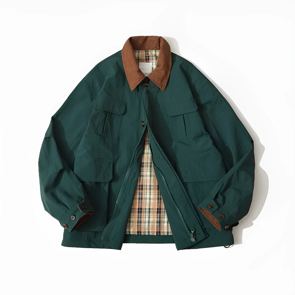 Unisex contrast colour casual jacket with side seam pockets in green or apricot polyester fabric