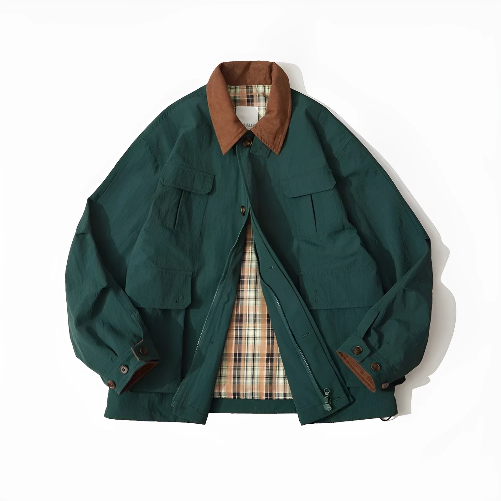 Unisex contrast colour casual jacket with side seam pockets in green or apricot polyester fabric