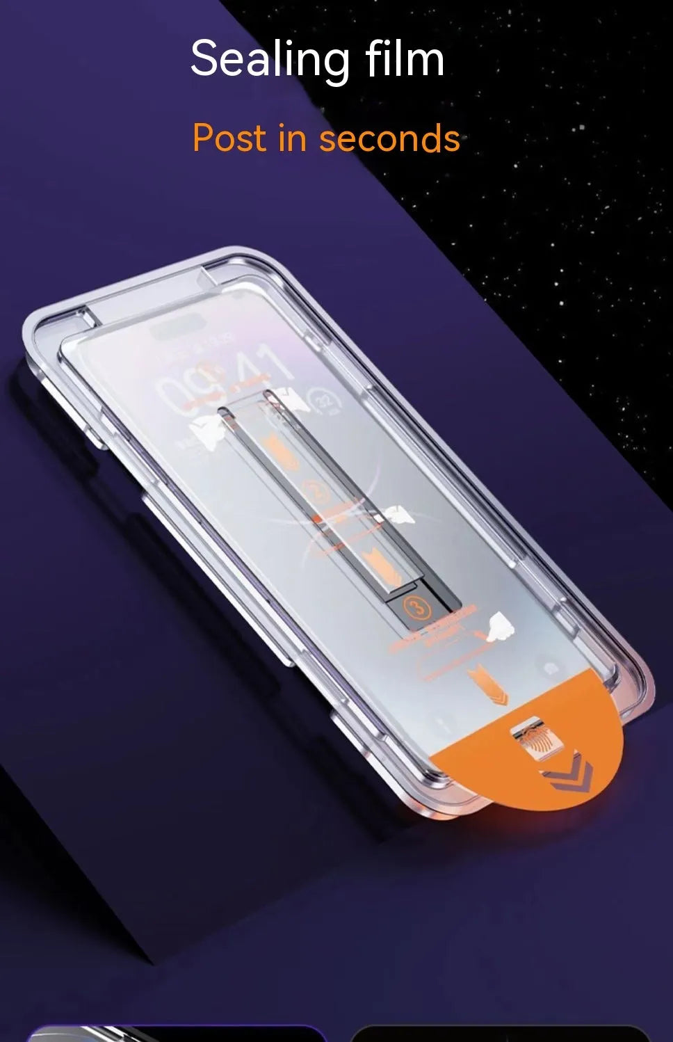 iPhone tempered glass screen protector with anti-fingerprint and anti-blue light features, shown with dustproof application net.