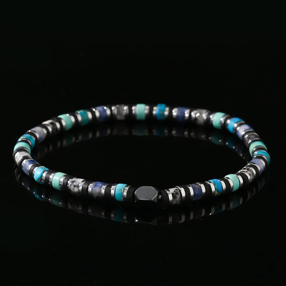 Hand-woven bohemian bracelet with semi-precious stones in geometric cylindrical bead design