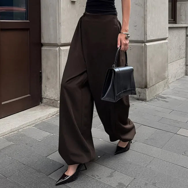 Women's fashion casual irregular wide-leg cropped pants in coffee colour, high waist, front view