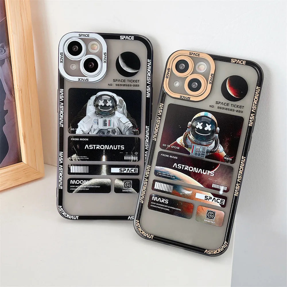 Blue-black silicone iPhone case with a graffiti-style space astronaut print, shown on an iPhone.