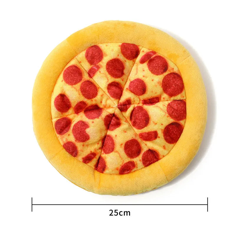 Yellow pizza slice shaped squeaky dog chew toy made from soft teddy fabric.