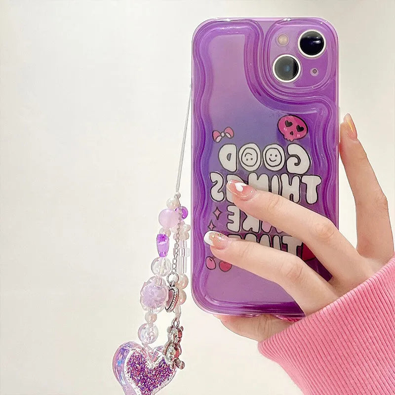 Purple English graffiti love pendant chain on a transparent TPU iPhone case.