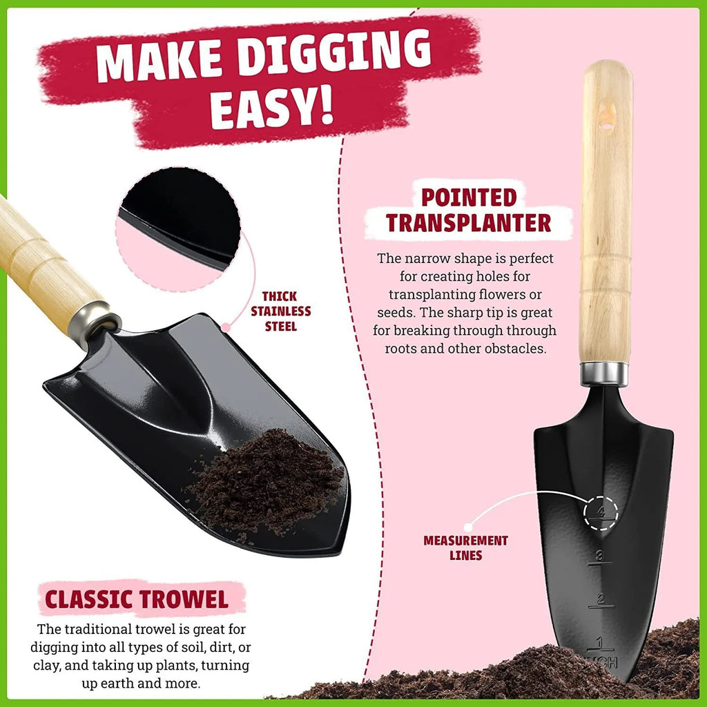 Eight-piece stainless steel gardening tool set with trowel, fork, cultivator and weeder.
