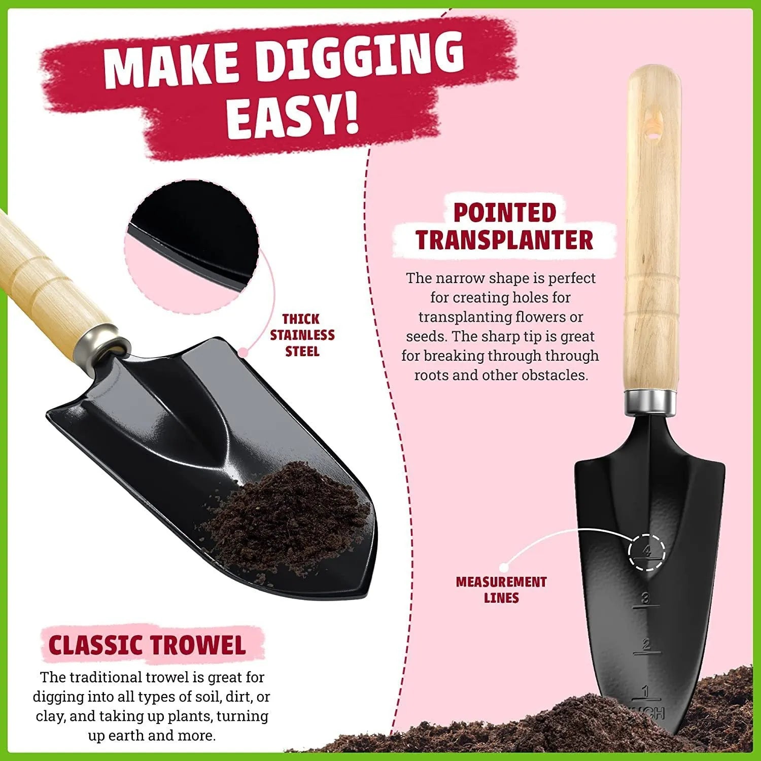 Eight-piece stainless steel gardening tool set with trowel, fork, cultivator and weeder.