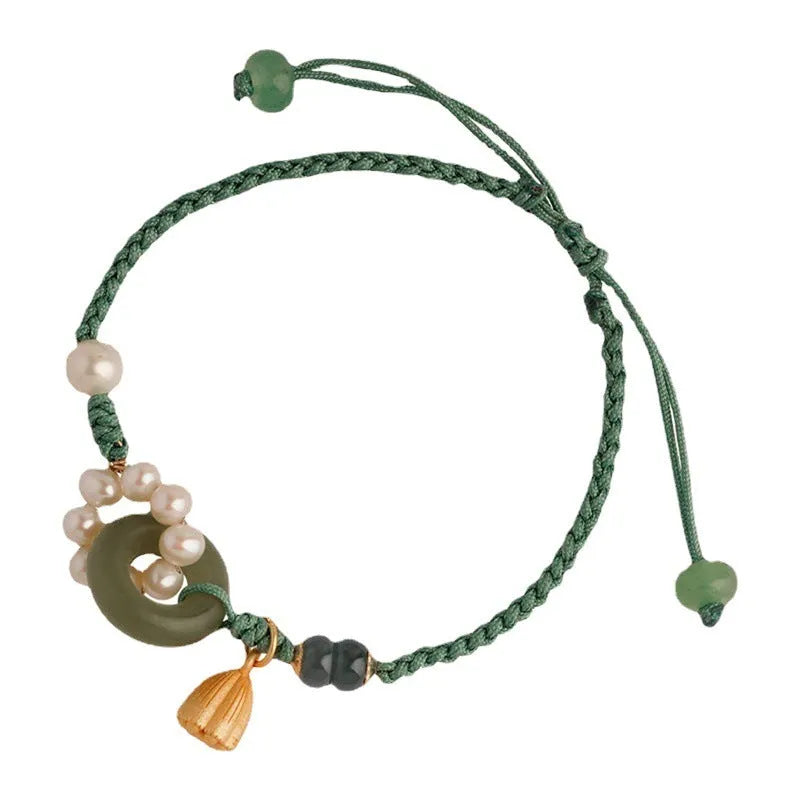 Hand-woven flexible wire watch band with a pearl peace buckle closure