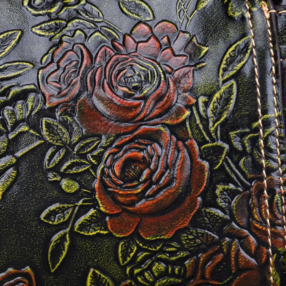 Brown genuine leather women's shoulder bag showing internal organisation compartments and vintage styling