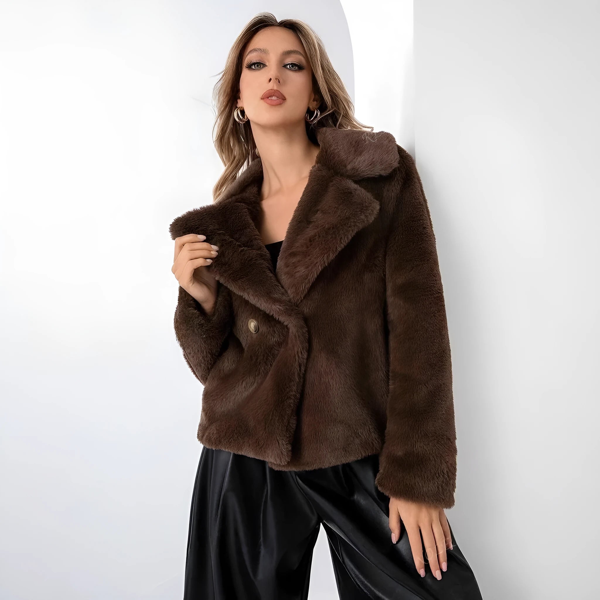 Women's loose short faux fur coat in rose red, showing regular sleeves and a textured fabric.