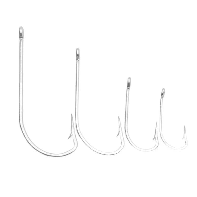 Assortment of multi-specification alloy sea fishing hooks for boat fishing on a blue background.