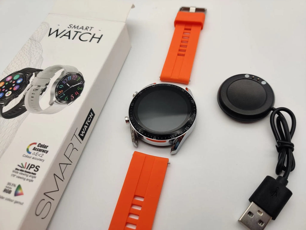 Round smart watch with aluminium alloy case showing touchscreen display with Bluetooth calling interface