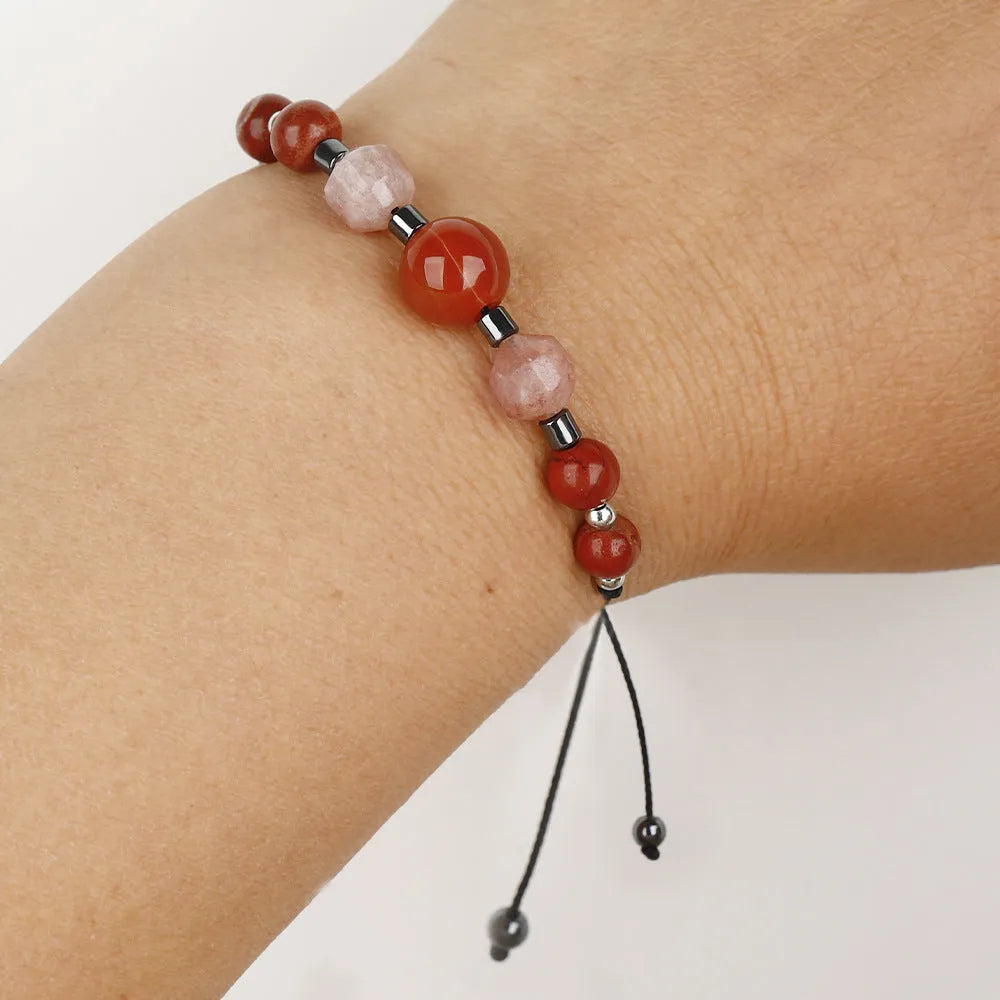 Red geometric bead crystal bracelet with sunstone, redstone and copper elements