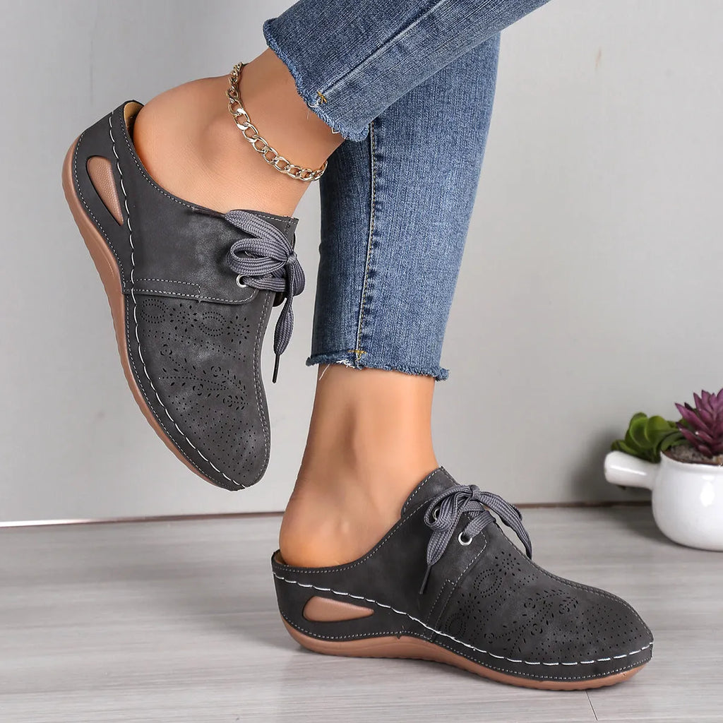 Women's lace-up wedge slippers in suede with hollow-out design and rubber sole