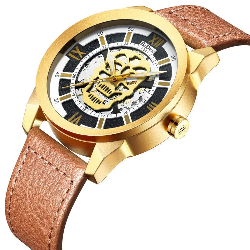 Biden men's hollow dial quartz watch with calendar display on leather strap