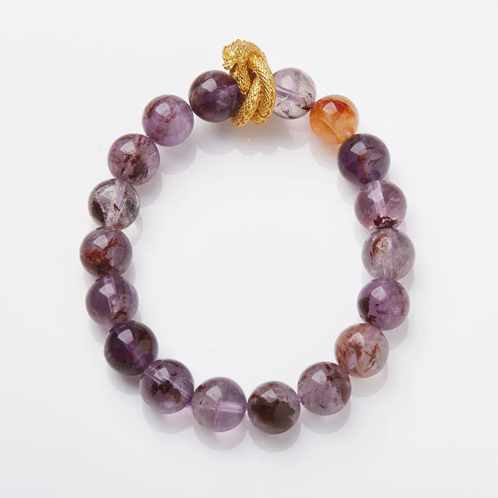 Handmade purple ghost quartz bracelet with 10mm beads featuring traditional nine purple motif and Chinese prosperity designs