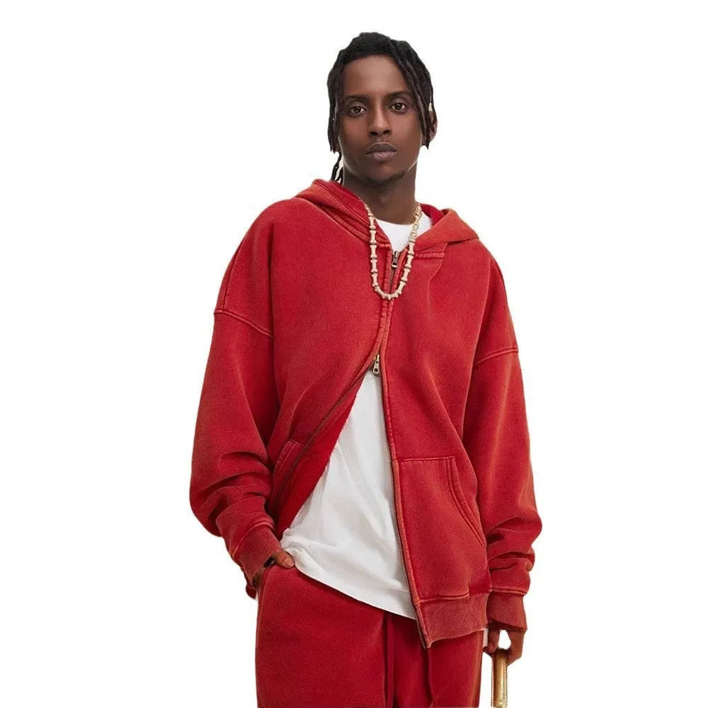 Men's vintage washed-colour hooded cardigan sweater with a double zipper and fleece lining.