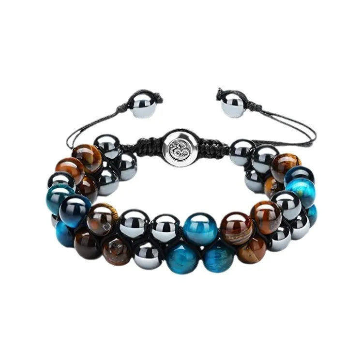 Men's Tiger Eye double-layer woven bracelet with bright magnets and geometric patterns