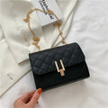 Women's black crossbody bag with diamond lattice chain strap showing 17.5cm width dimensions