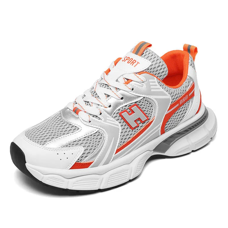 Men's mesh running shoes in black, white and grey, and white orange colours with plastic soles