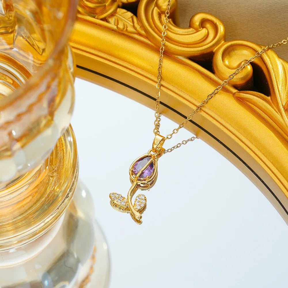 Zircon tulip necklace for women with copper-plated gold flower pendant on titanium steel chain.
