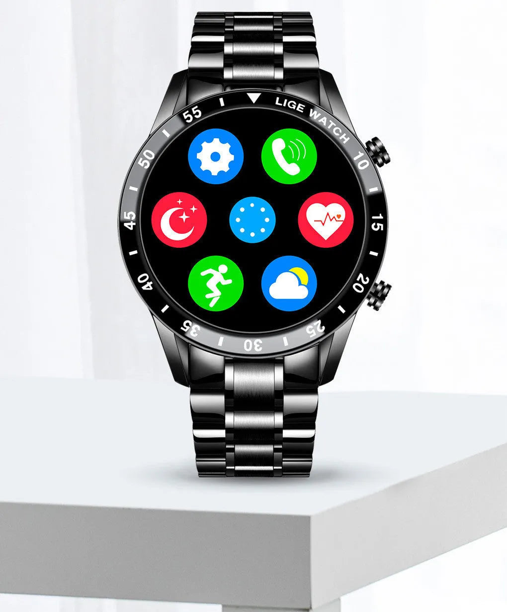 Silver stainless steel smart watch with 1.3-inch touchscreen displaying step count on wrist