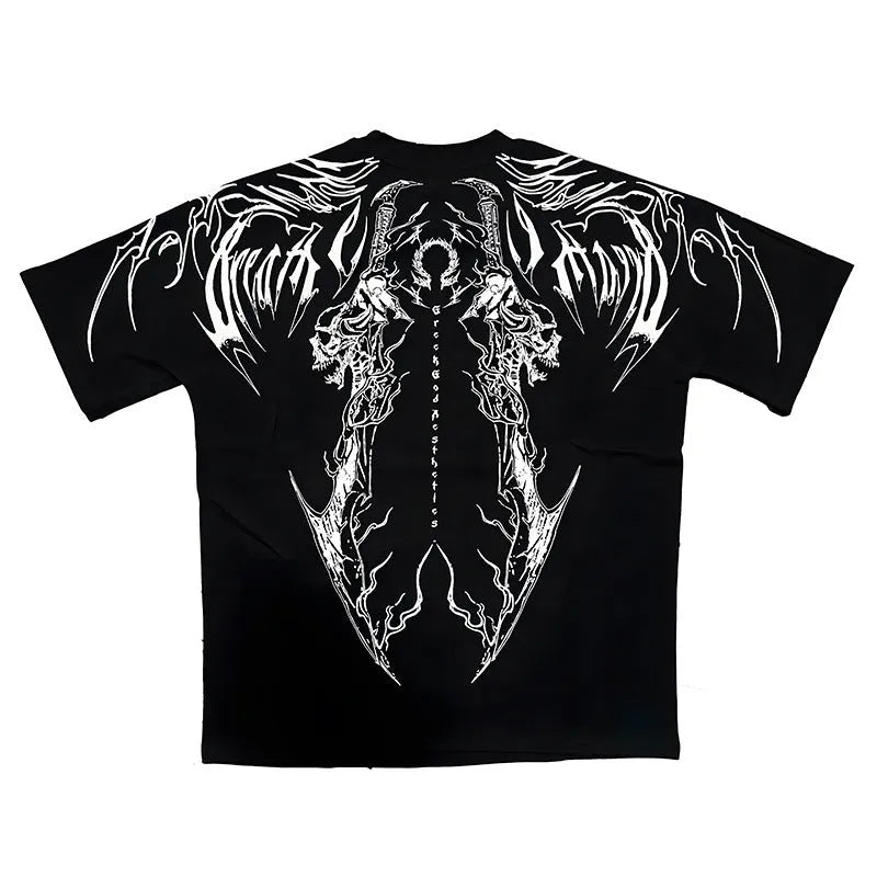 Man's loose-fit dark cotton t-shirt with short sleeves and metallic gilding detail on the front.