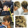 A short synthetic women's wig with simple rolls in an exotic style, shown in black, brown, gold, and grey colour options.