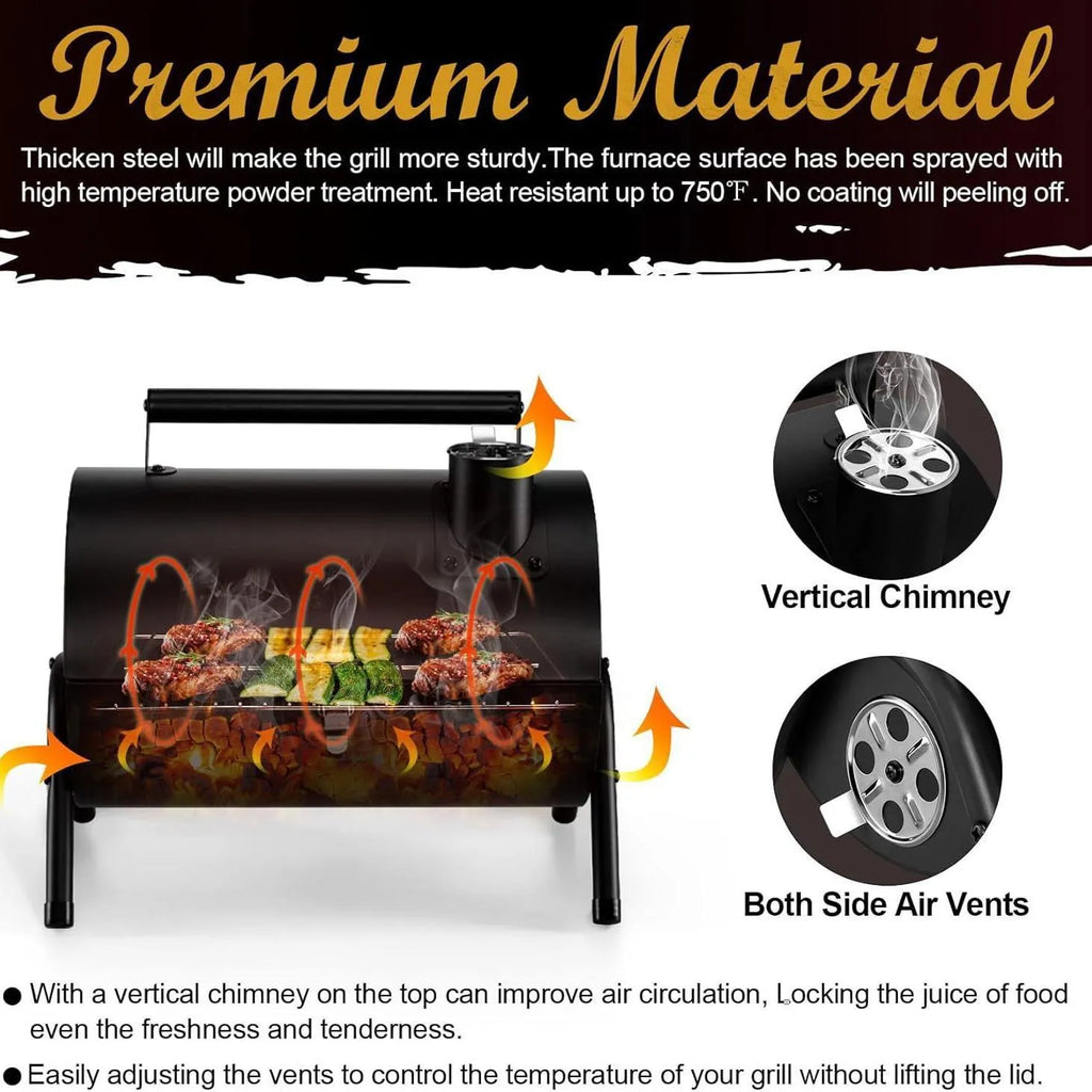 Small folding desktop charcoal barbecue grill in a closed or open position