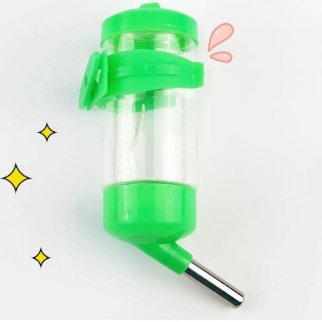 Green plastic ball kettle water feeder for small pets, shown attached to a cage.
