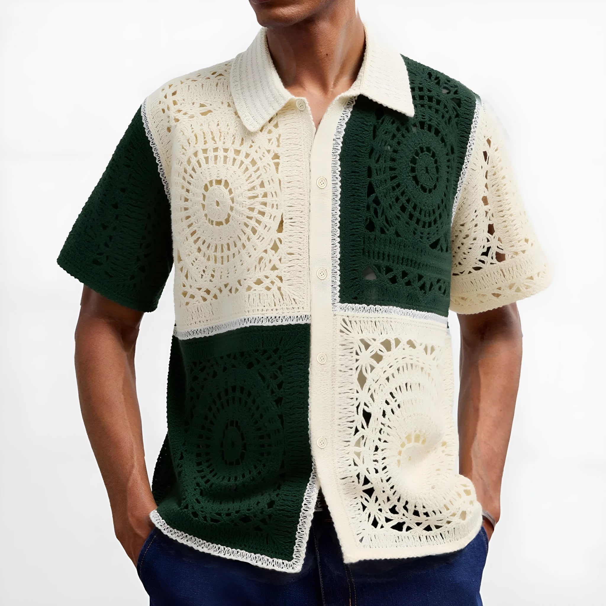 Men's beige colourblock knit shirt with short sleeves and flocking detailing