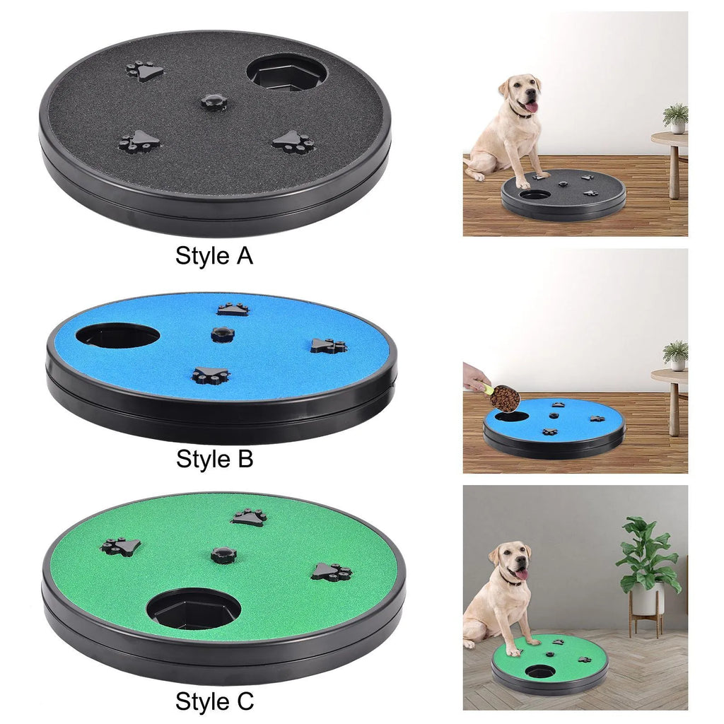 Square dog scratch pad with rotatable top cover showing food compartments and textured scratching surface