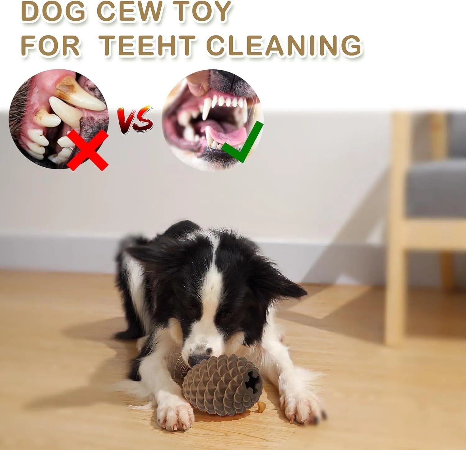 Yellow natural rubber pine cone-shaped dog toy with textured surface and treat dispenser hole.