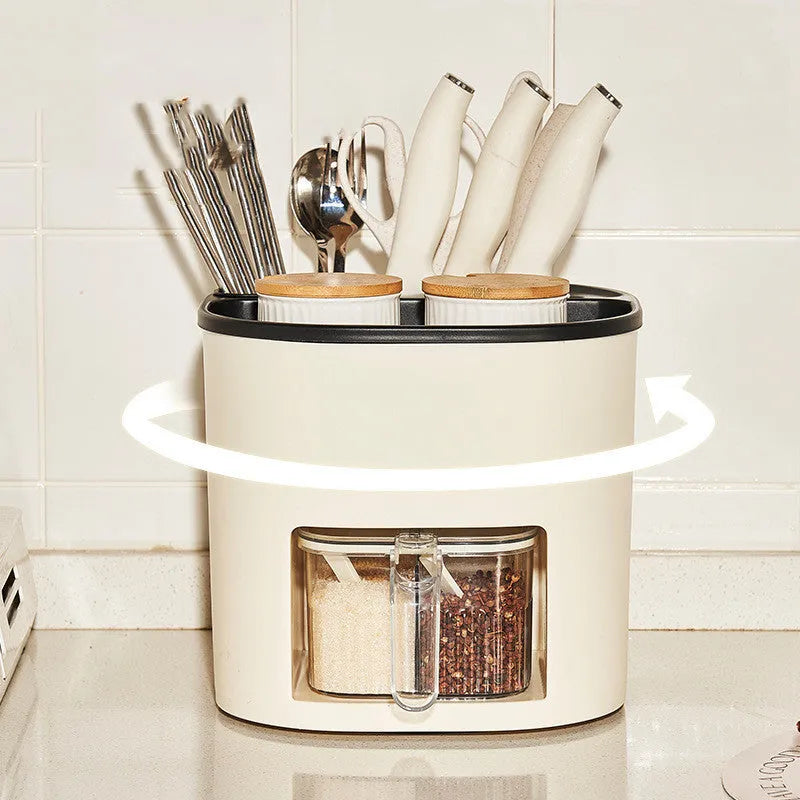 White rotating kitchen storage container with cutlery holder and four-section spice box organiser.