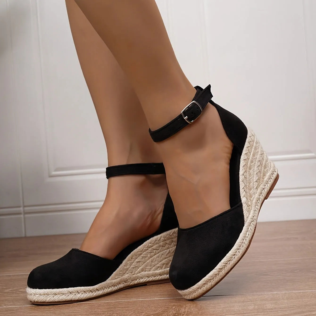 Women's apricot casual wedge sandals with suede upper, buckle closure, and rubber sole