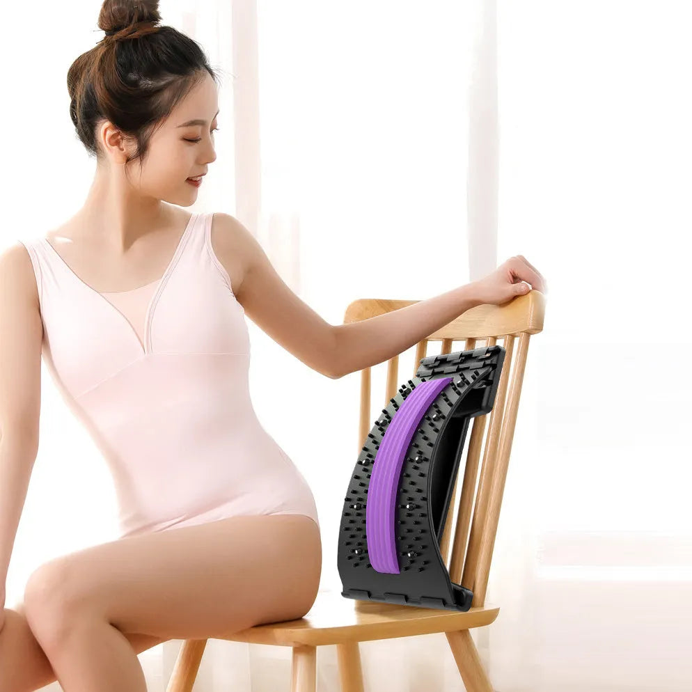 A blue and black adjustable back stretcher with 8 massage heads in a rectangular trapezoid shape for waist and back pain relief.