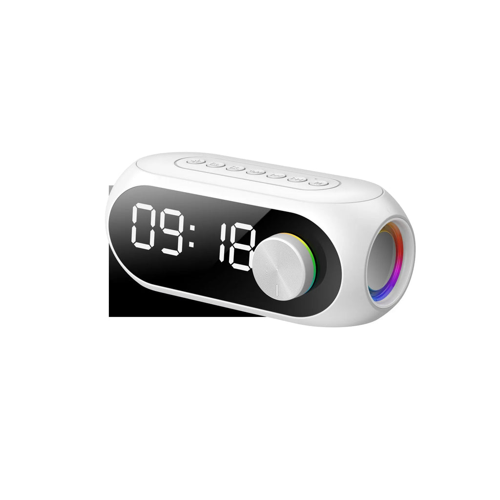 Extra Bass portable Bluetooth speaker with digital LED clock display in compact rectangular design