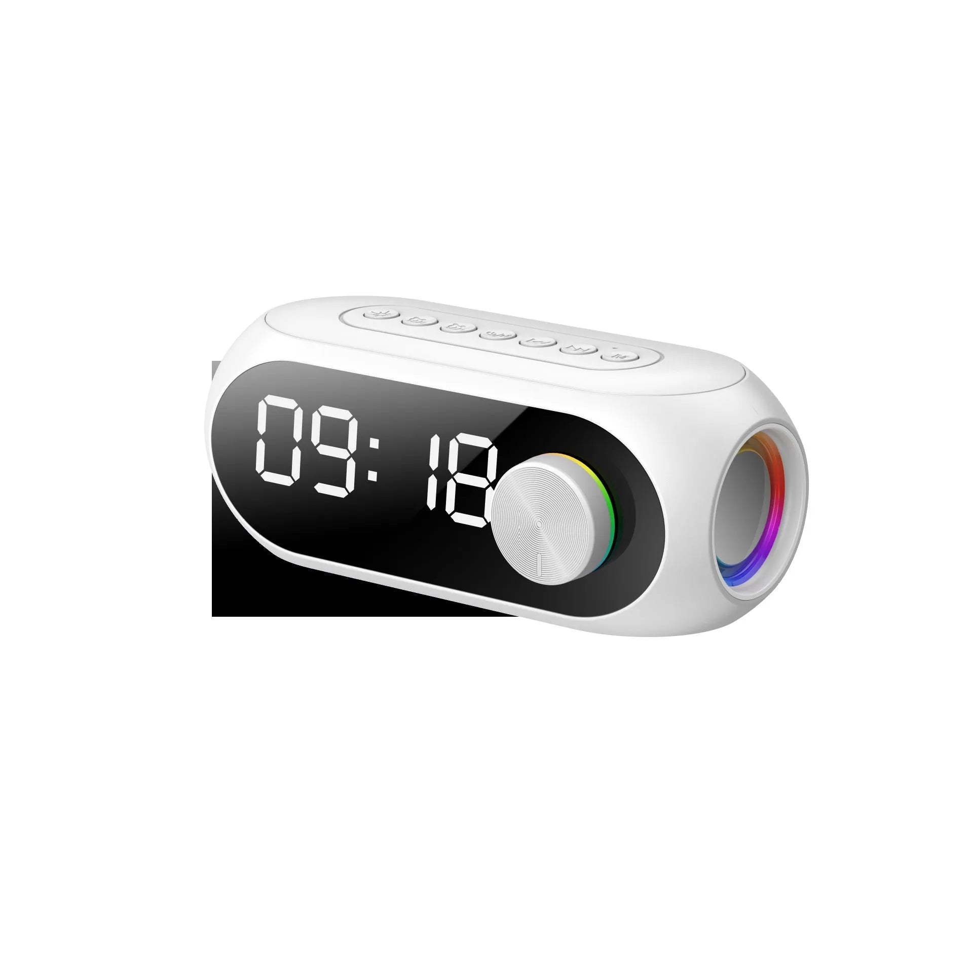 Extra Bass portable Bluetooth speaker with digital LED clock display in compact rectangular design