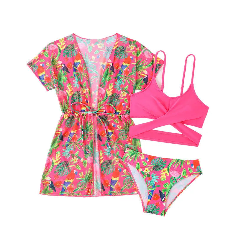 Girls' floral pattern split overlayer bikini swimsuit on white background
