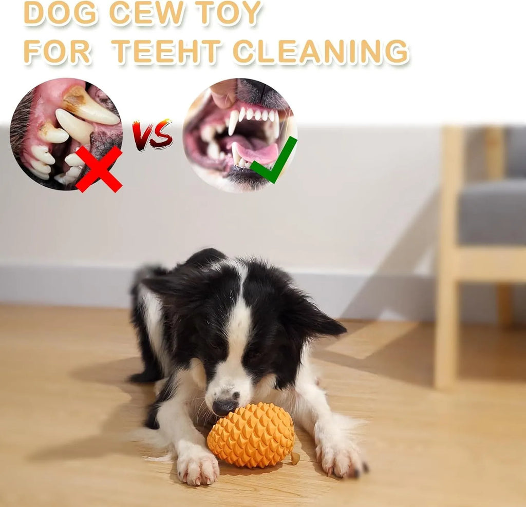 Yellow natural rubber pine cone-shaped dog toy with textured surface and treat dispenser hole.
