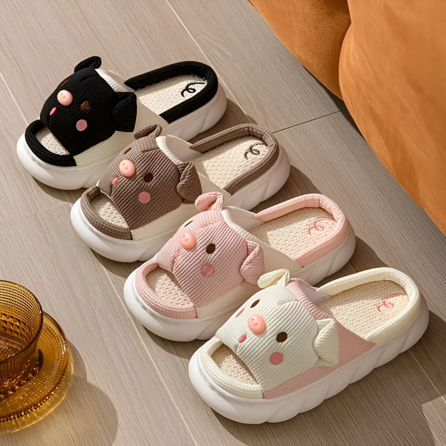 Open-toe linen couple slippers in four colours with PVC soles and sewn construction