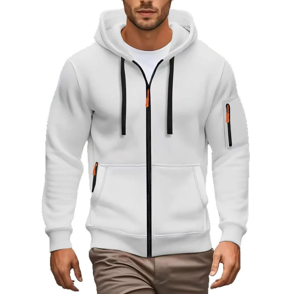 Man wearing a camel-coloured zip-up hooded cardigan coat with a wool lining.