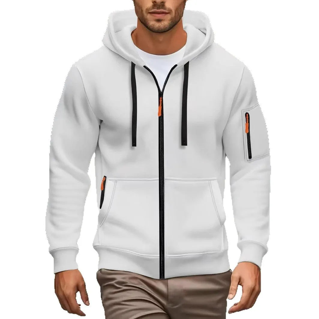 Man wearing a camel-coloured zip-up hooded cardigan coat with a wool lining.