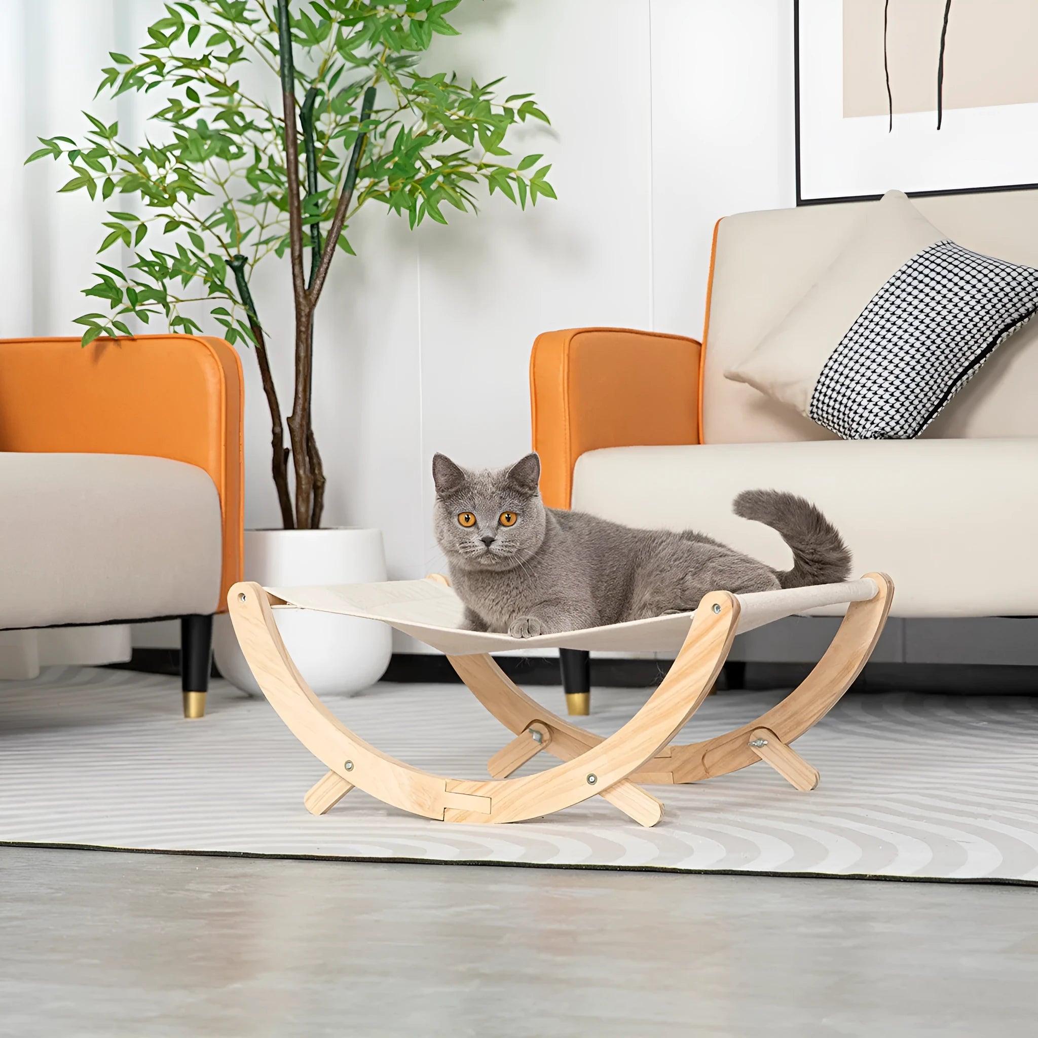 Solid wood frame foldable cat hammock bed with a canvas sleeping surface.