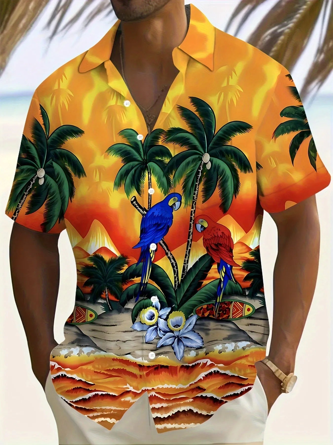 Man wearing loose fit floral print short sleeve shirt with cardigan style